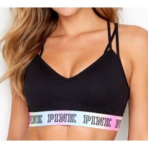 Victoria's Secret PINK Strappy XS/S Padded Sports Bra Black Pastel Rainbow
